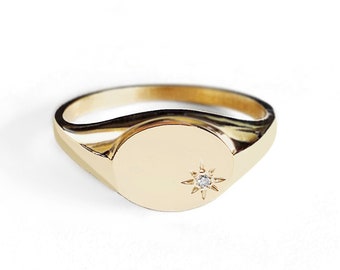 18K Diamond Signet ring, Star setting signet ring, 14K Solid Gold Signet ring, Gold Pinky ring, Gold chevalier ring, Women signet ring, 9K