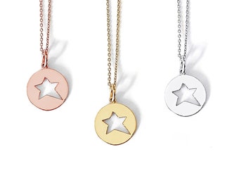 14K Star Disc necklace, Dainty Gold Star necklace, Gold layering necklace, Solid gold necklace, Celestial Jewelry, Women Gift for Girlfriend