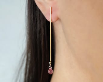 14K Gold Bar Stud Earrings, Long Bar Studs, Line studs, 14K Tourmaline earrings, Solid Gold, Thin sticks earrings, Minimalist earrings, Gift