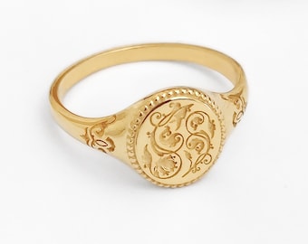 18K 14K 9K Flower Signet ring, Floral wreath signet ring, Solid gold signet pinky ring, Vintage art nouveau signet ring, Vintage flower ring