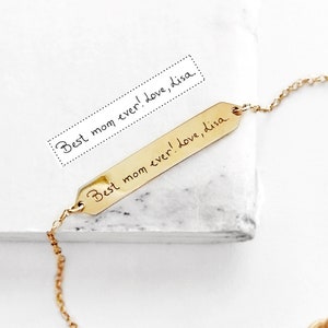 Pulsera de barra grabada de oro macizo de 14 quilates y 9 quilates, pulsera personalizada con escritura a mano, joyería personalizada con escritura a mano, pulsera de barra grabada