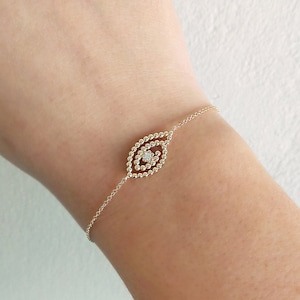 14K Diamond Evil Eye Bracelet, Protection bracelet, Solid Gold Evil Eye Bracelet, Good Luck bracelet, Dainty gold bracelet, Unique Gift, 18K