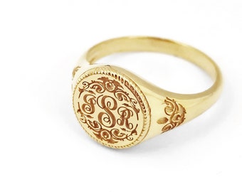 18K 14K 9K Personalized Flower Signet ring, Floral wreath signet ring, Solid gold signet pinky ring, Vintage art nouveau chevalier ring