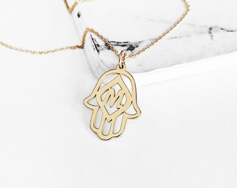 14K 9K Hamsa Necklace, Personalized Monogram Initial Necklace, Protection Necklace, Solid Gold Fatima Hand Necklace,Dainty Layering necklace