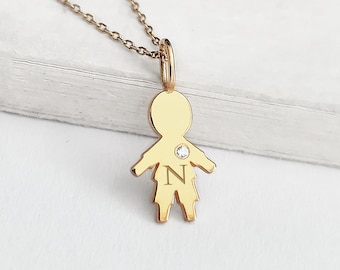 14K 9K Tiny Boy Personalized Pendant, Solid Real Gold Boy Charm with Diamond and Initial, Boy charm necklace, New born New mom gift, Kid tag