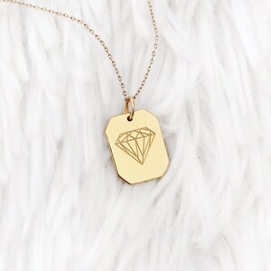 14K 9K Dainty Diamond Engraved Tag Necklace, Engraved Diamond Shape Pendant, Personalized Solid gold necklace,Custom engraved gold necklace