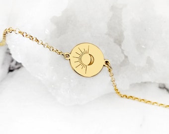 18K 14K 9K Delicate Sun and Moon Bracelet, Solid Gold Bracelet, Dainty sun and moon bracelet, Gold Stacking bracelet, Minimalist bracelet