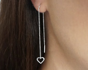 14K 9K Gold Heart Threader Earrings,Gold Minimalist Earrings,Dainty Heart Threaders,Long Chain Earrings,Heart Ear Thread,Romantic Gift Women