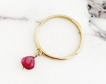 14K Gold Charm ring, Tourmaline ring, Gold dangle ring, Gemstone ring, Stacking gold ring, Solid Gold ring, Gold boho ring, Simple gold ring