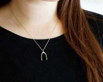 14K 9K Solid Gold Wishbone Necklace, Good Luck Charm, Lucky Make a Wish Bone Pendant, Dainty Necklace, Everyday Minimalist Layering Necklace