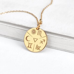 Collar con colgante personalizado delicado de los signos del zodíaco de 14 quilates y 9 quilates, signos astrológicos personalizados de Sol, Luna y Ascendente, regalo de cumpleaños para ella, joyería del zodíaco
