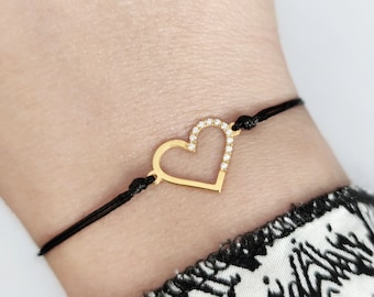 14K 9K Heart Diamond Bracelet, Solid gold string bracelet, Dainty Diamond cord bracelet, Make a wish bracelet, Love bracelet, Diamond gift