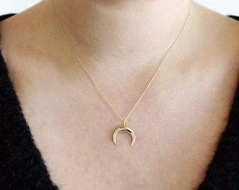 Collar de cuerno de oro de 14 quilates, collar de doble cuerno, collar de media luna de oro, collar de cuerno delicado, collar de oro macizo, collar de buena suerte, 9 quilates