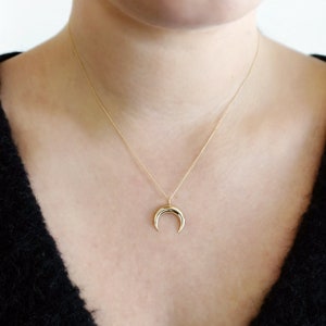 14K Gold horn necklace, Double horn necklace, Gold crescent moon necklace, Dainty horn necklace, Solid gold necklace, Good luck necklace, 9K