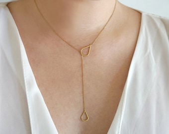 14K Gold Lariat Necklace, Solid Gold Y necklace, Teardrop gold necklace, Minimal Dainty gold necklace, Women Gift, Bridesmaid, Simple lariat