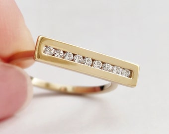 18K 14K 9K Bar Diamond Ring, Diamond Geometric ring, Solid Gold Bar Natural Diamond Ring, Anniverssary Gift for Her, Bridal Jewelry