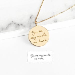 14K 9K Handwriting Charm Necklace, Personalized Handwritten Pendant, Engraved Disc Necklace, Custom Handwriting Jewelry, Solid gold necklace