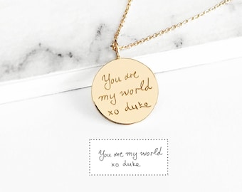 14K 9K handschrift-bedelketting, gepersonaliseerde handgeschreven hanger, gegraveerde schijfketting, aangepaste handschriftsieraden, massief gouden ketting