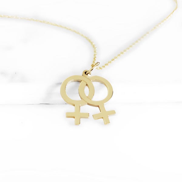 14K 9K Double Female Symbol Necklace, Lesbian Symbol Necklace, Feminist Venus Necklace, Solid Gold Charm necklace, LGBT Couple Gift for Her