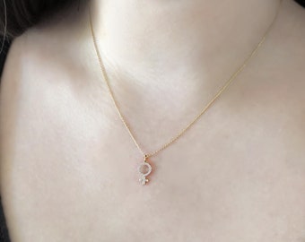 18K 14K 9K Female Symbol Diamond Necklace, Solid gold necklace, Dainty Layering Diamond Necklace, Feminist Necklace,Girl Power, Venus Charm