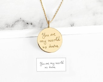 14K 9K Handwriting Charm Necklace, Personalized Handwritten Pendant, Engraved Disc Necklace, Custom Handwriting Jewelry, Solid gold necklace