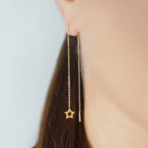 14K 9K Gold Star Threader Earrings, Solid Gold Minimalist Earrings, Dainty Star Threaders, Long Chain Earrings, Celestial gold earrings