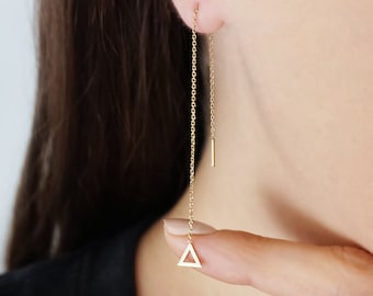 14K 9K Gold Triangle Threader Earrings, Solid Gold Threader Earrings, Dainty Geometric Threaders, Long Chain Earrings, Minimalist Earrings