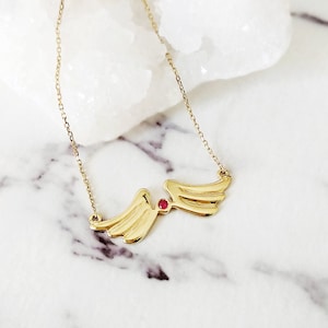 14K 9K Gold Angel Wings Necklace, Ruby necklace, Solid gold necklace, Protection necklace, Memorial necklace, Remembrance, Layering necklace