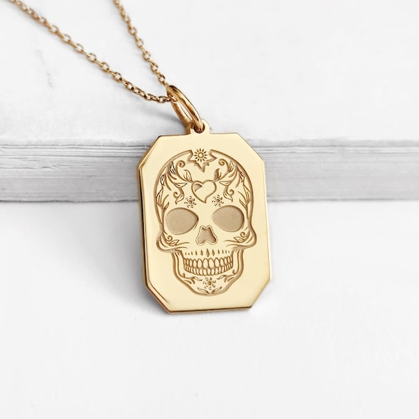 14K 9K Solid Gold Skull Necklace, Solid Real gold Skull Octagon Pendant Charm, Day of the dead pendant necklace, Calacas Skull Jewelry Gifts