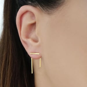 14K Solid Gold Staple line bar ear jacket, Jacket and stud pair, Mix and match earring jackets, Front back earring, Double sided earring