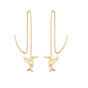 14K 9K Hummingbird Threader Earrings, Solid gold Colibri Bird Threaders, Long Chain Gold Earrings, Animal gold earrings, Origami Earrings