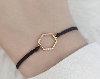 18K 14K 9K Diamond Hexagon Bracelet, Solid gold macrame bracelet, Dainty Diamond string cord bracelet, Geometric diamond bracelet, Gift her