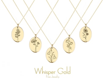 14K 9K Solid Gold Birth Flower Necklace, Personalized Birth Flower Pendant, Personalized Birthday Gift, Gift for Her, Custom Flower jewelry