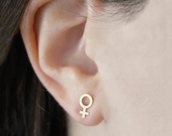 Aretes pequeños con símbolo de Venus en oro macizo de 14 quilates y 9 quilates, joyería feminista, aretes con poste feminista, poder femenino, regalo