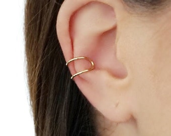 14K 9K Solid Gold No piercing 2 Band Ear Cuff Wrap, Cartilage Helix Ear Cuff, Fake piercing Ear Conch cuff, Adjustable huggie hoop earring