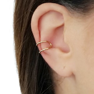 14K 9K Solid Gold Kein Piercing 2 Band Ohr Manschette Wrap, Knorpel Helix Ohr Manschette, Fake Piercing Ohrmuschel Manschette, verstellbarer Huggie Hoop Ohrring