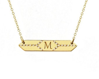 9K 14K 18K Diamond Hexagon Bar Necklace, Personalized Monogram necklace, Dainty Minimalist Diamond necklace, Solid gold geometric necklace
