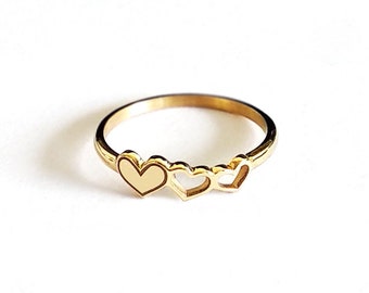 14K 9K Triple Heart ring, Solid gold heart ring, 14K Gold Hearts ring, Rose gold heart ring, Love jewelry, Anniversary Gift for Girlfriend