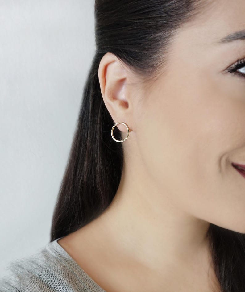 14K Solid Gold Circle Earrings, Circle Stud Earrings, Hoop Studs Posts, Geometric Earrings, Open Circle Studs, Simple Everyday Earrings, 9K image 7