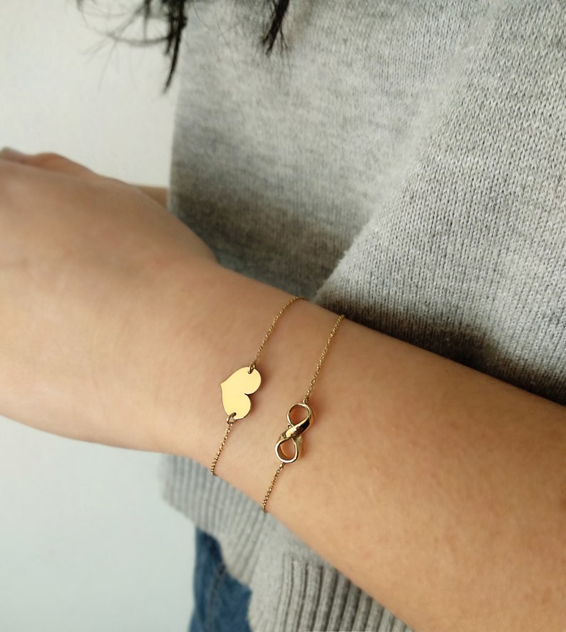14K 9K Gold Heart Bracelet Dainty Heart Charm Bracelet Etsy