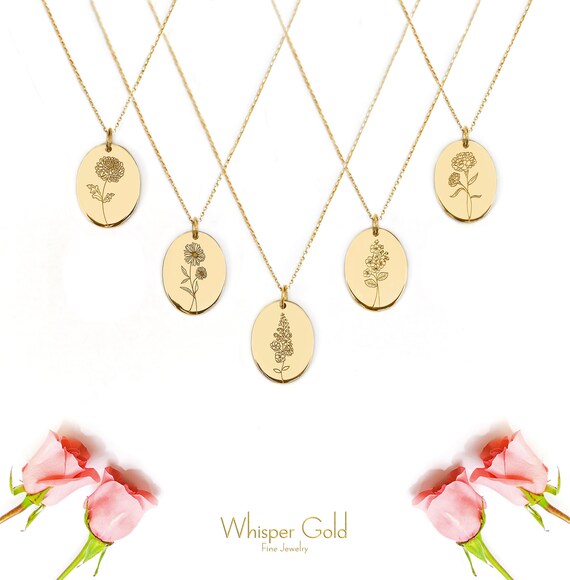 14K 9K Solid Gold Birth Flower Necklace 