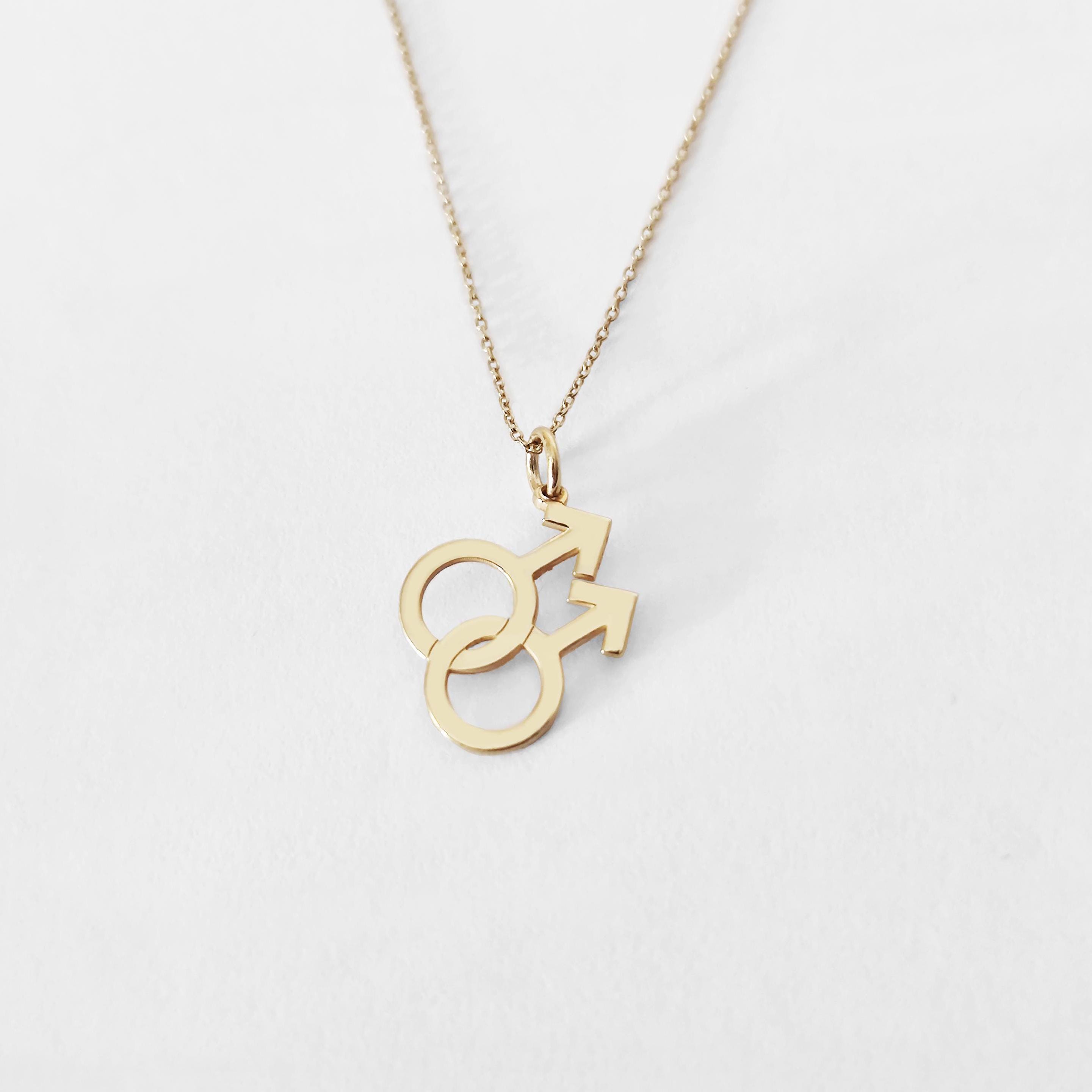 14K 9K Double Male Mars Symbol Pendant Necklace, Gay Symbol