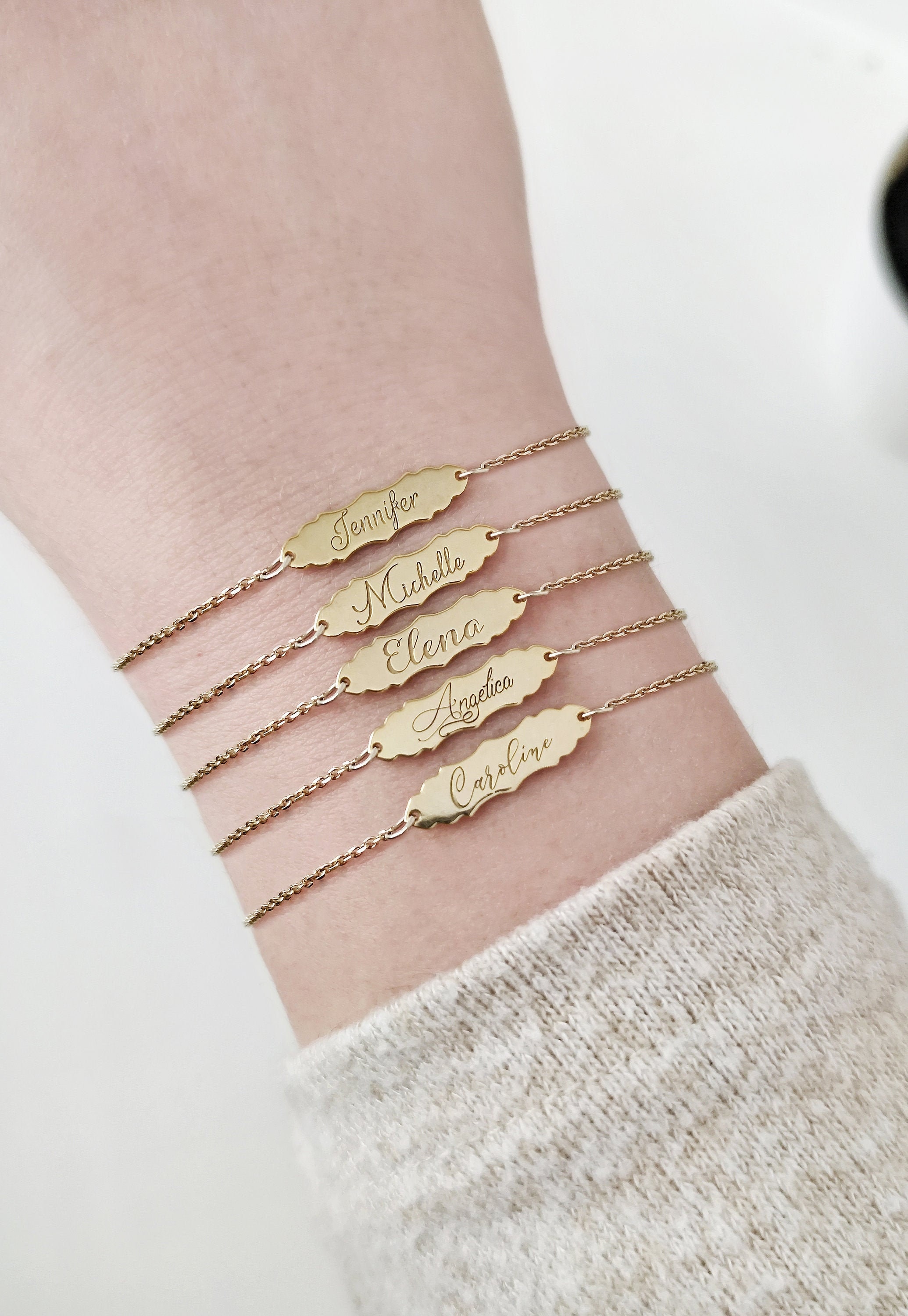 14K 9K パーソナライズ刻印入りネームバーブレスレット、ヴィンテージ 