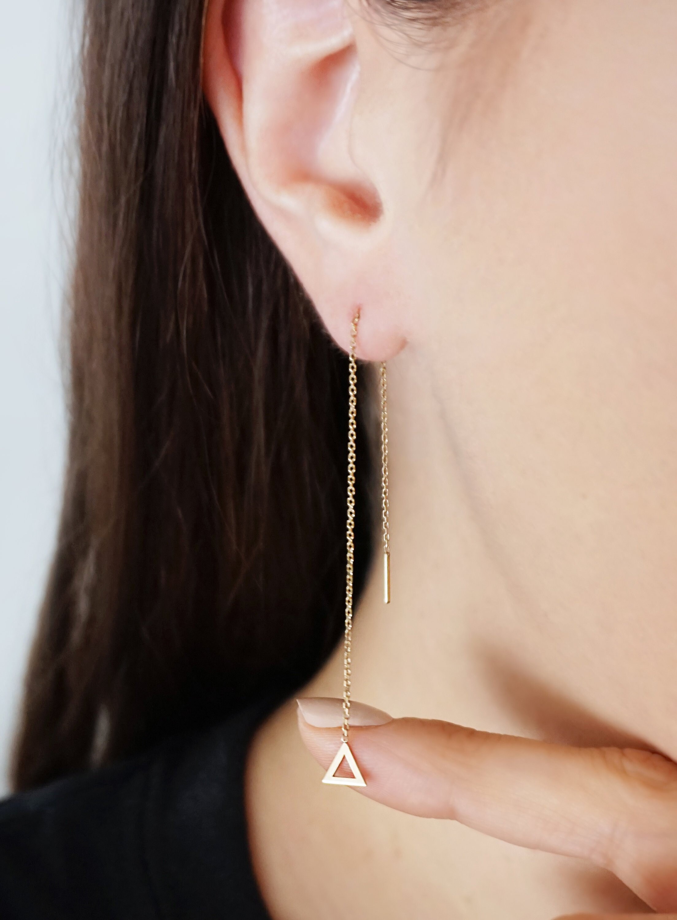14K 9K Gold Triangle Threader Earrings, Solid Gold Threader Earrings,  Dainty Geometric Threaders, Long Chain Earrings, Minimalist Earrings - Etsy