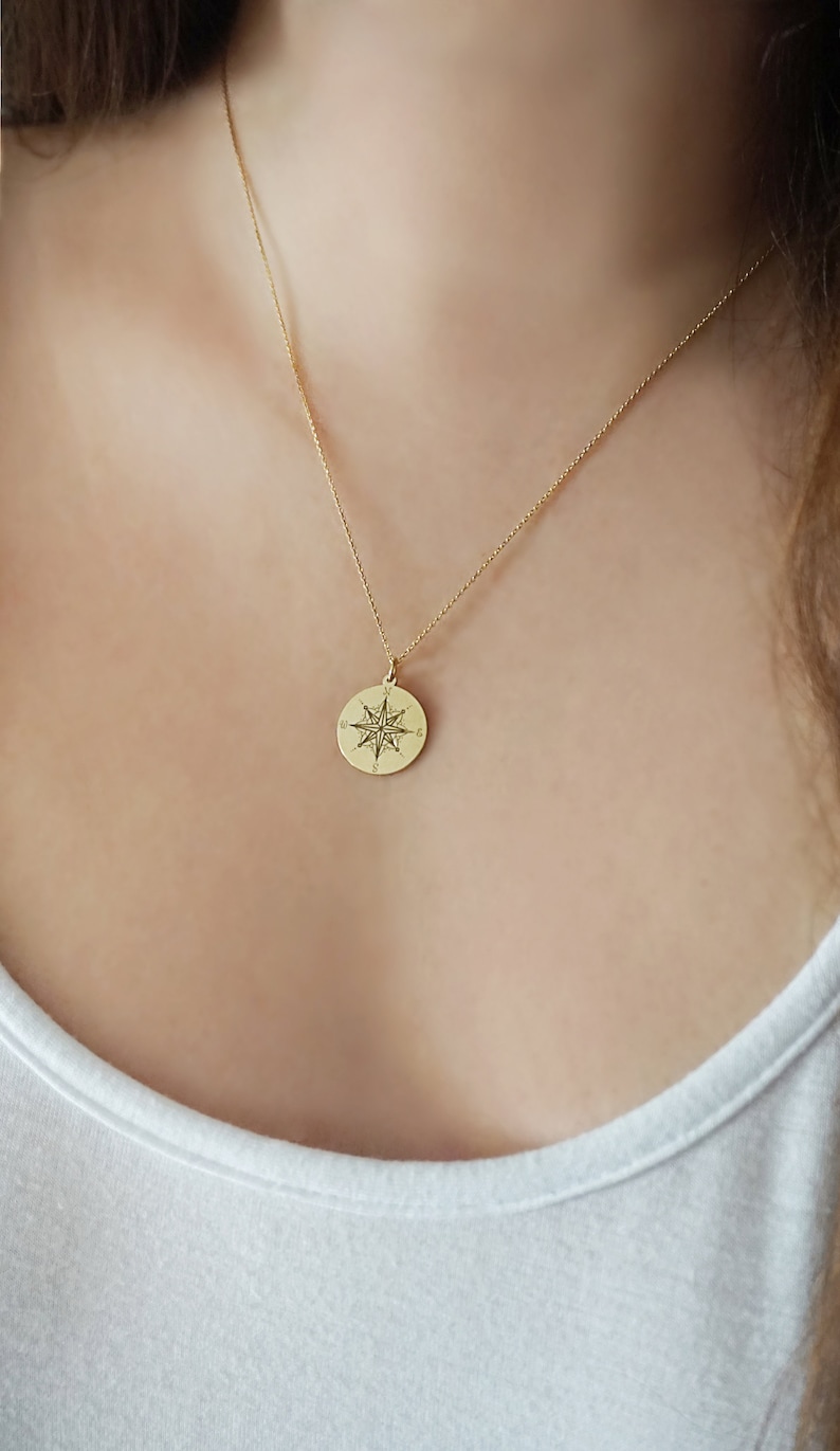 14K 9K Unique Compass Pendant Necklace, Solid Real Gold Compass Disc ...