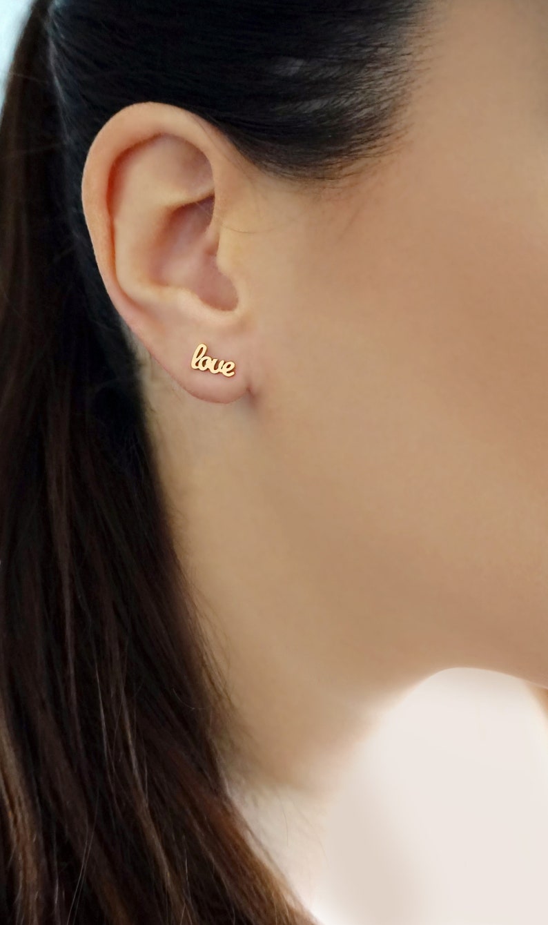14K Love Earrings, Cursive Love Stud Earrings, Tiny love studs, Small love stud earrings, Tiny solid gold stud earrings, Girlfriend Gift, 9K image 5