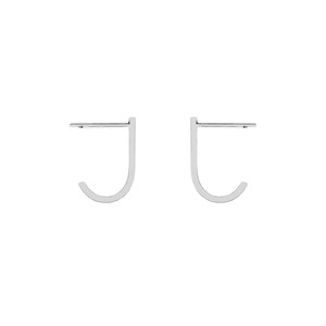 May include: A pair of silver hoop earrings with a simple, minimalist design. The earrings are shaped like a 'J' and are made of a thin, smooth metal.