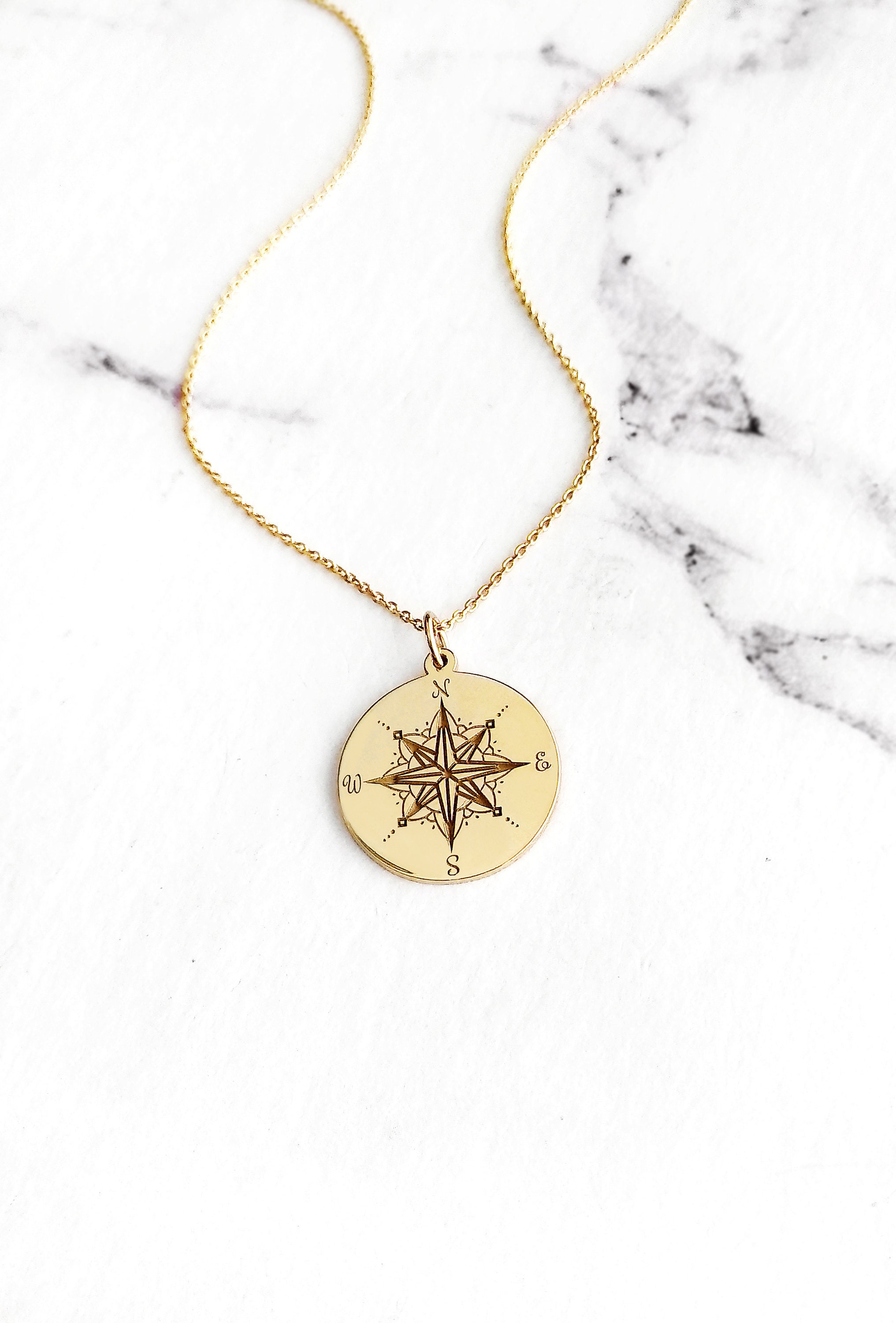 14K 9K Compass Charm Necklace Unique Gift Solid Gold Disc Etsy