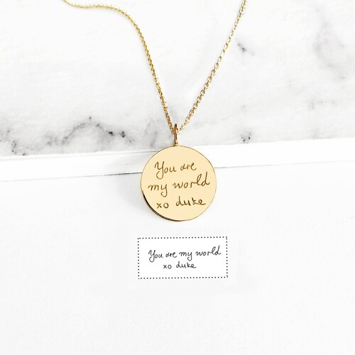 Solid Gold Handwritten Disc Pendant Engraved 14K Disc Charm - Etsy