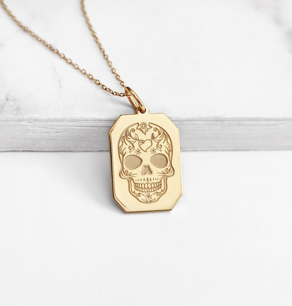 14K 9K ソリッドゴールド スカルネックレス、ソリッドリアルゴールド 